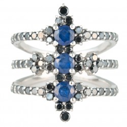 ANEL DE DIAMANTES NEGROS E SAFIRAS